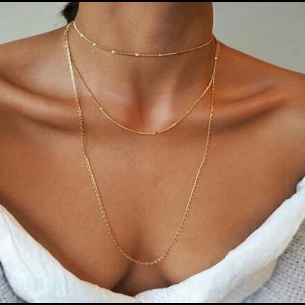 Multilayer Gold Tone Chain Pendant Choker Boho Necklace